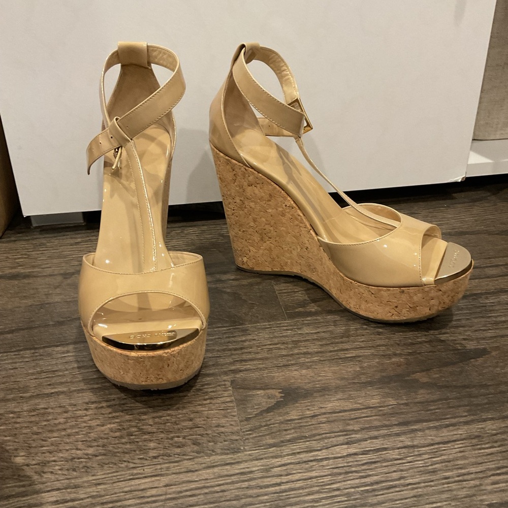 Jimmy Choo Nude Patent Leather Pela Sandal Wedge Heels